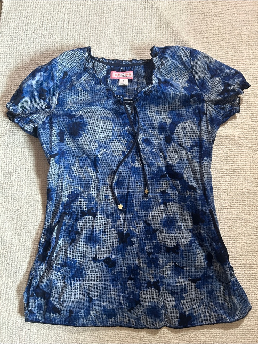 Koi Blue Floral Tie-Neck Women's Scrub Top